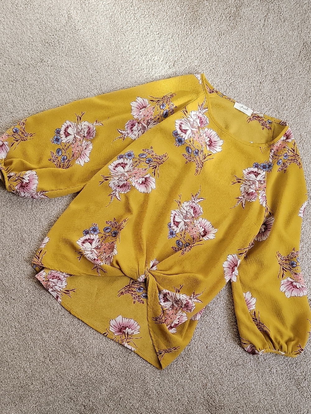 freebird Mustard Floral Knot-Front Blouse